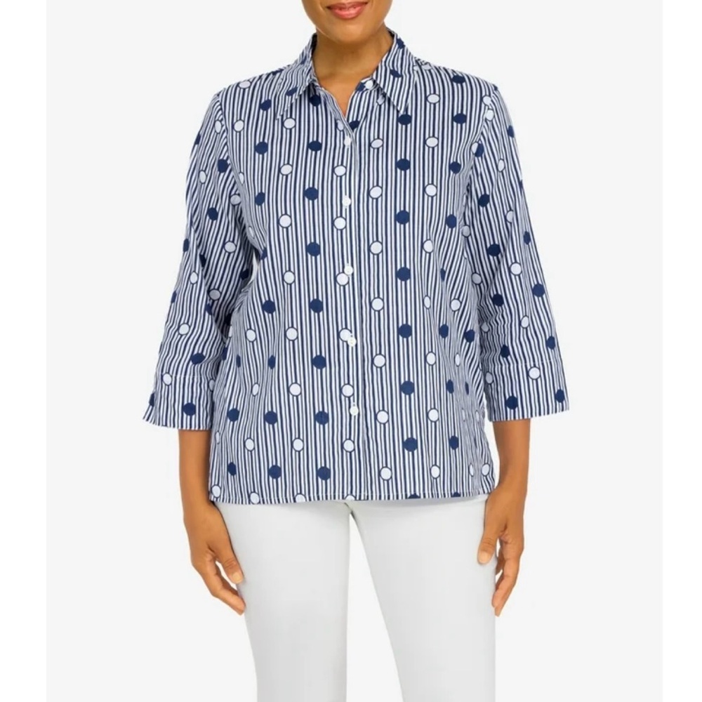 Alfred Dunner Blue and White Striped Button Down Shirt